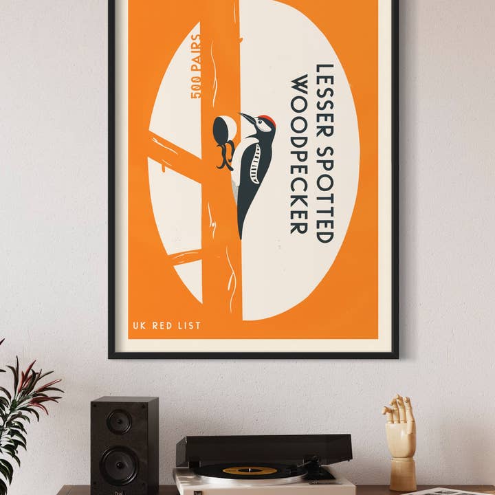 Lesser Spotted Woodpecker Retro Wildlife Print for wholesale by Little Egret Design