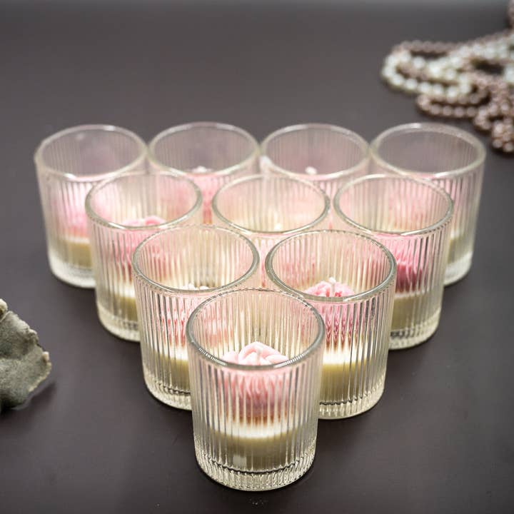 Scented Soy Wax Candle in Ribbed Clear Votive & Tea Light Glass Holder topped with Sorted Blush Pink Flowers for wholesale by Helenairy