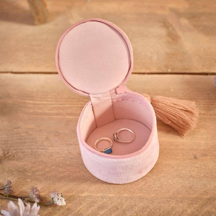 Langs – Großhandel Schmuckschatulle/-Organizer – Runde Schmuckschatulle aus Samtstoff mit Ditsy-Blumenstickerei und Glasperlen2