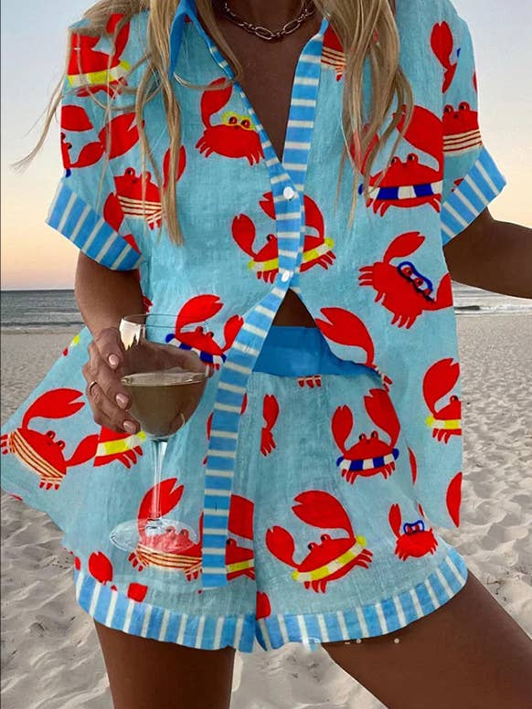 Rosa Clothing - Wholesale Top & Short Set (NOT Loungewear) - Women's - Roma Vibrant unique print shirt & shorts resort loose set