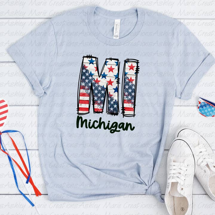 MI, Michigan - Håndlavet skærmtrykt T-shirt til Unisex for engroshandel hos Ashley Marie Creations