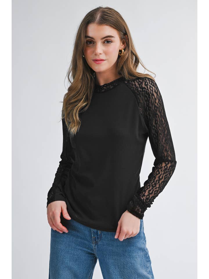 As shown Leopard Mesh Patchwork Knit Long Sleeve Top | S-XL for wholesale on Faire1