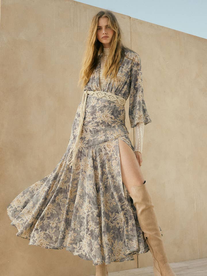 Floral-Print Drop-Waist Bubble-Sleeve Maxi Dress for wholesale by Promesa USA