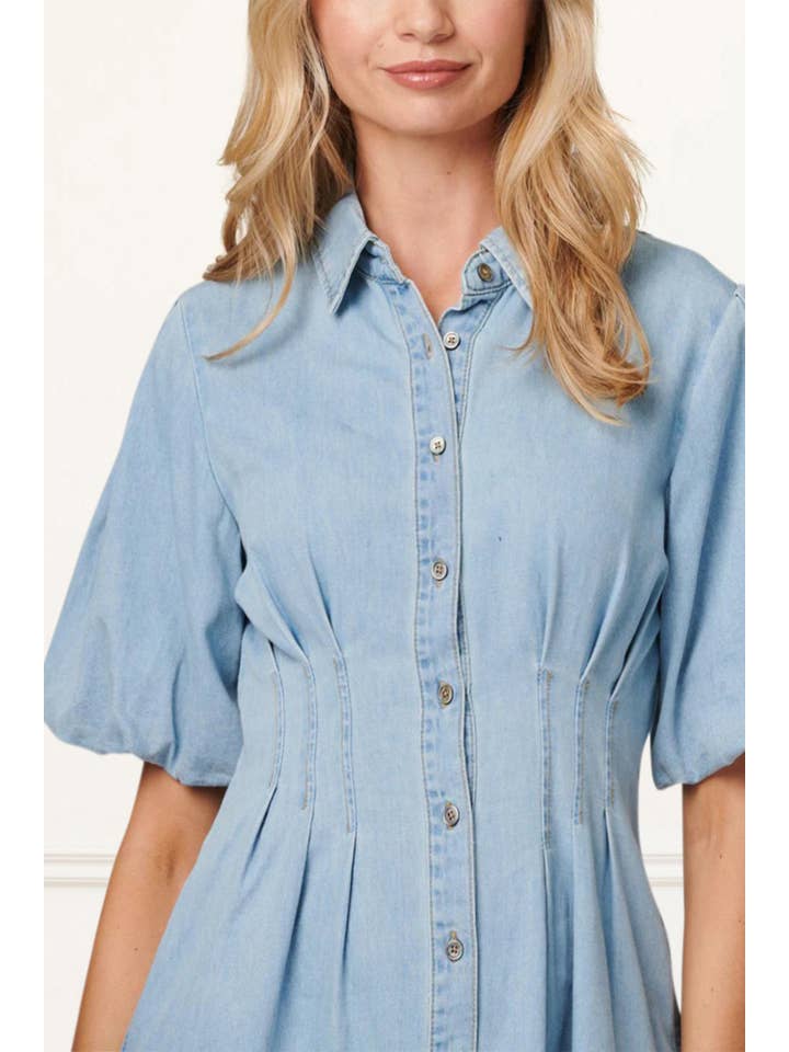 Blue Viviane Soft Wash Denim Shirt Dress Short Sleeve for wholesale on Faire