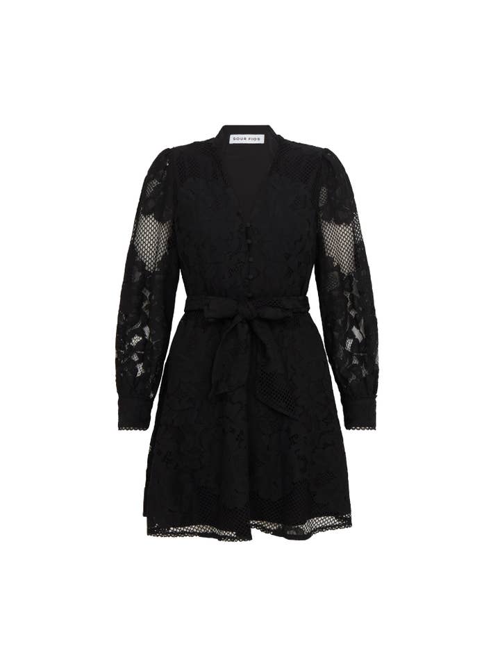 SOUR FIGS LONDON - Wholesale Dress - Women's - Sheer Lace Long Sleeve Mini Dress in Black4