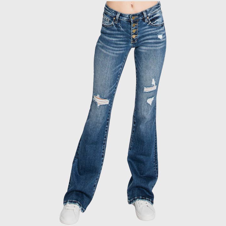 Petra153 – wholesale Jeans – Women’s – P283LF-DK BUTTON UP DISTRESSED LOW RISE STRETCH FLARE5