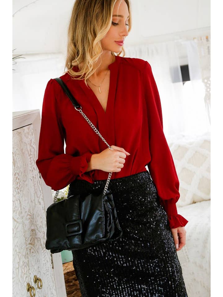 Vine & Love - Vente Chemisier – femme - Blouse smockée à encolure Henley et manches ballon VT31377D6