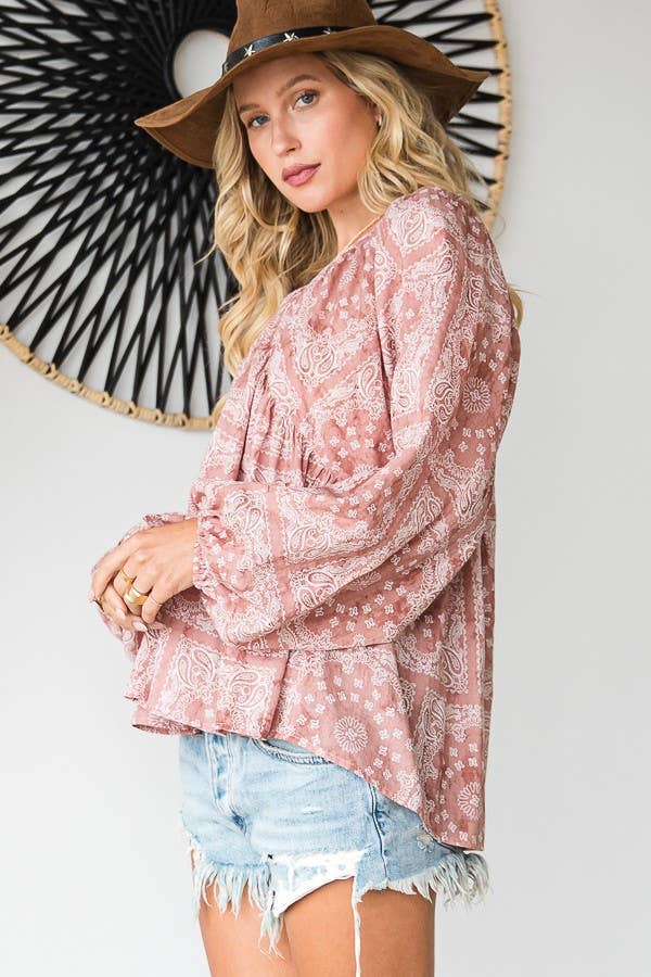 BUCKETLIST OUTLET - Wholesale Blouse - Women's - T1190F OUTLET SALE Bandana Puff Sleeve Flowy Babydoll Top8