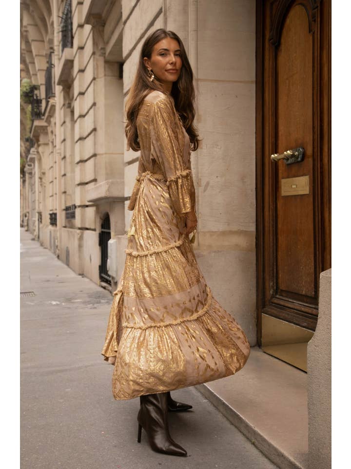 Green Long upstairs dress, with gold geometric print pattern for wholesale on Faire