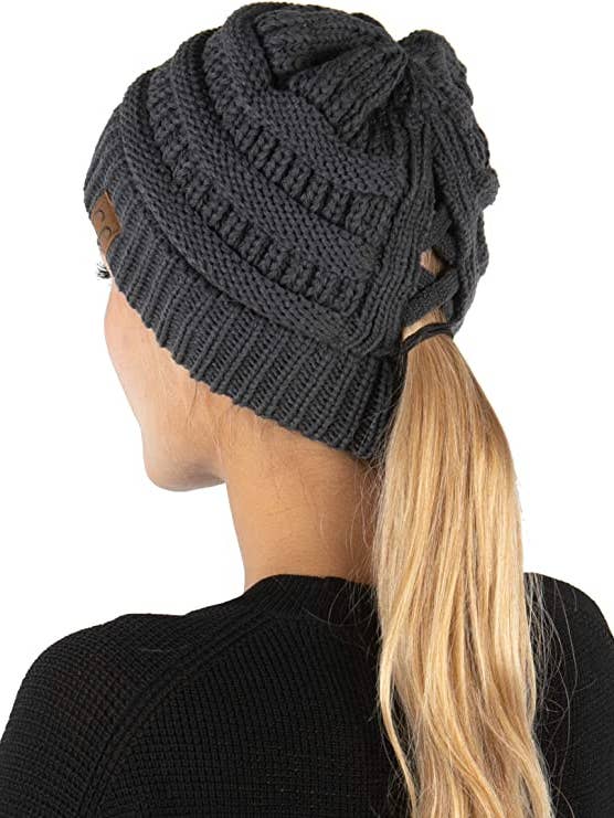 Criss Cross BeanieTail Messy Bun Beanie - Charcoal for wholesale by Funky Junque