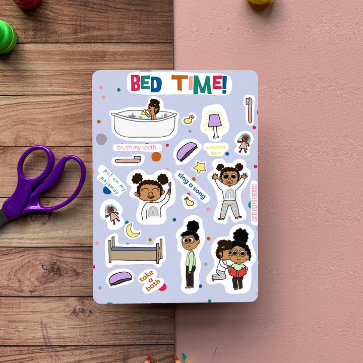 "Bedtime!" Sticker Sheet for wholesale by Curly Crew Books