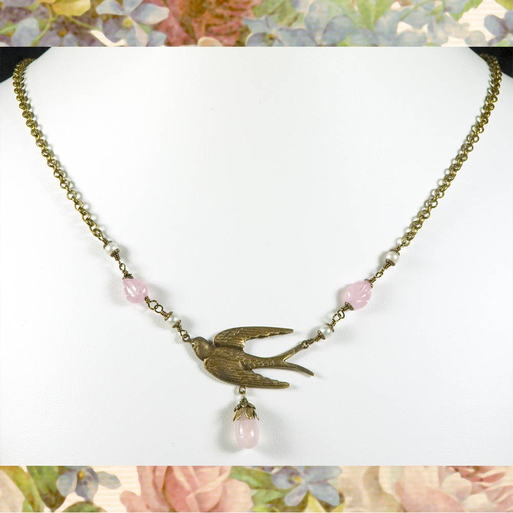 NoMonet - Wholesale Pendant/Charm Necklace - Vintage Brass Necklace - Flyaway - Bird with Rose Quartz0