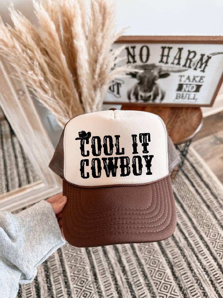 Southern Attitude Designs Inc - Wholesale Trucker Hat - Women's - Cool It Cowboy DTF Printed Brown & Tan Trucker Hat