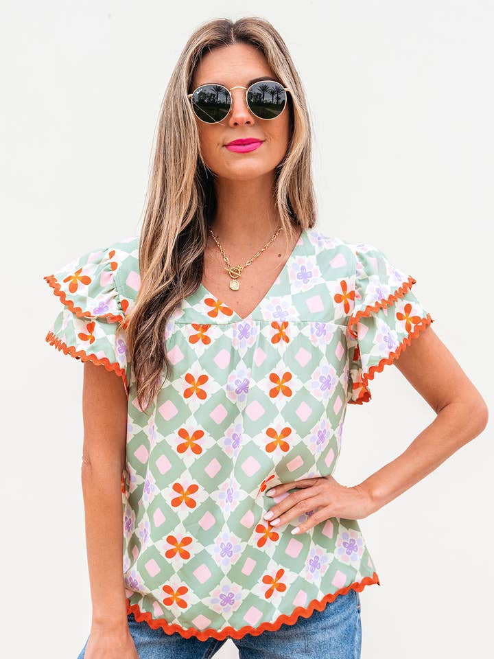 Belen Floral Layered Flutter Sleeve Rac Trim Blouse for wholesale by Threaded Pear