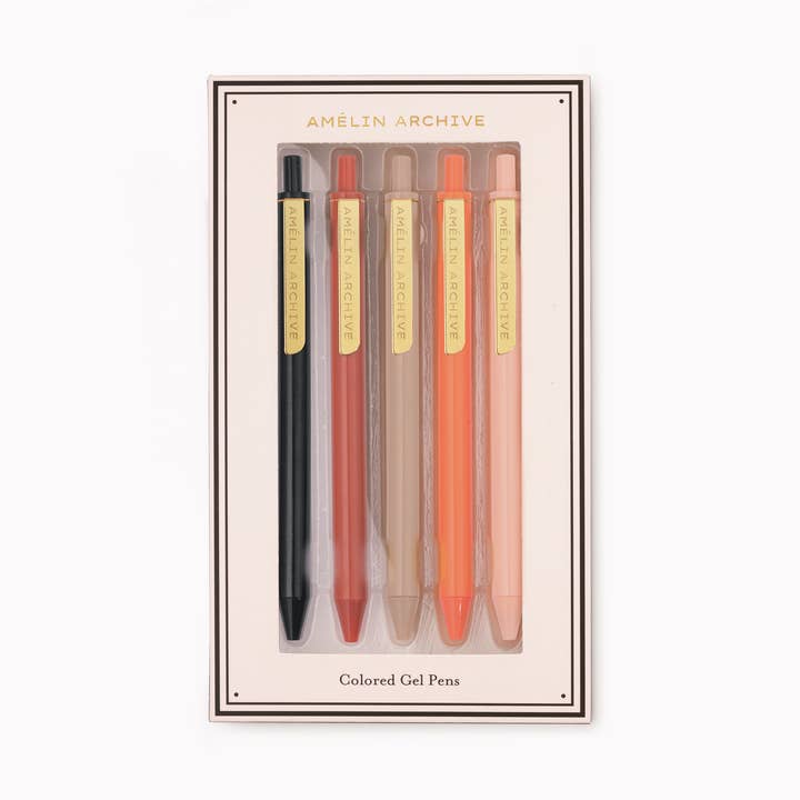 Gekleurde gelpennen met gouden clip, set van 5 voor wholesale door Amelin Archive