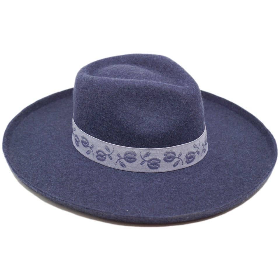Olive & Pique - Venta al por mayor Sombrero fedora - Mujer - Sombrero ranchero con ala de fieltro 100% lana con bandas, azul brezo2