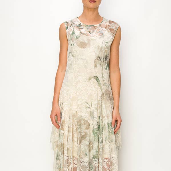 Robe mi-longue en dentelle sans manches fantaisiste avec combinaison amovible - 4609 BG/GRN ROSE pour la vente par Origami Apparel ~ Lace and Crochet inspired