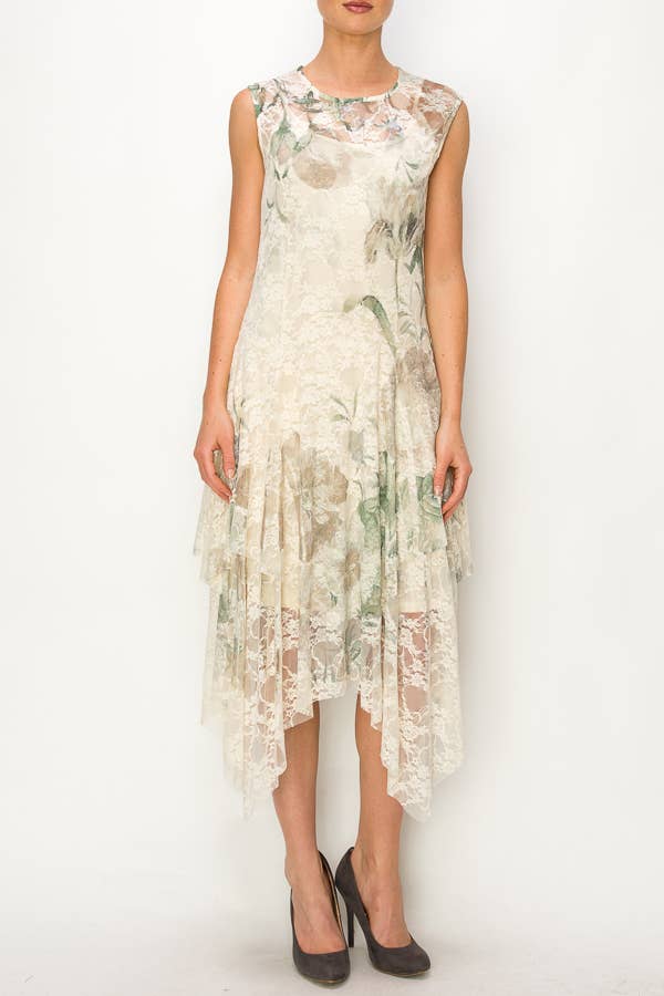 Whimsical Sleeveless Lace Midi Dress With Unattached Slip - 4609 BG/GRN ROSE for wholesale on Faire