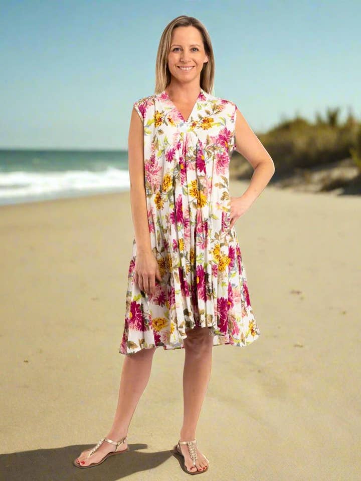 A-Line Sleeveless Dress In Fuchsia Lime Garden for wholesale by Mozaic by Euro Dreaming