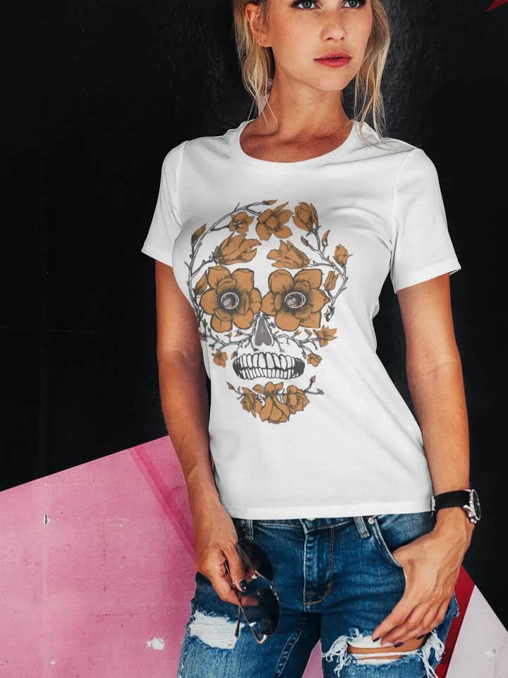 ULTRABASIC Women's Organic T-Shirt - Autumn Leaves Skull - Tree Skull Tee Shirt for wholesale by ULTRABASIC