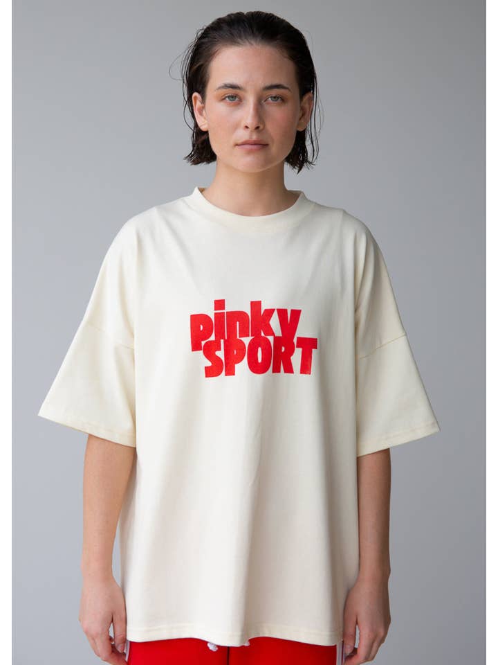 Pinky & Kamal - Wholesale Screen Printed T-Shirt - Unisex - PK x ICONIC - Pinky Sport T-Shirt Cream/Red