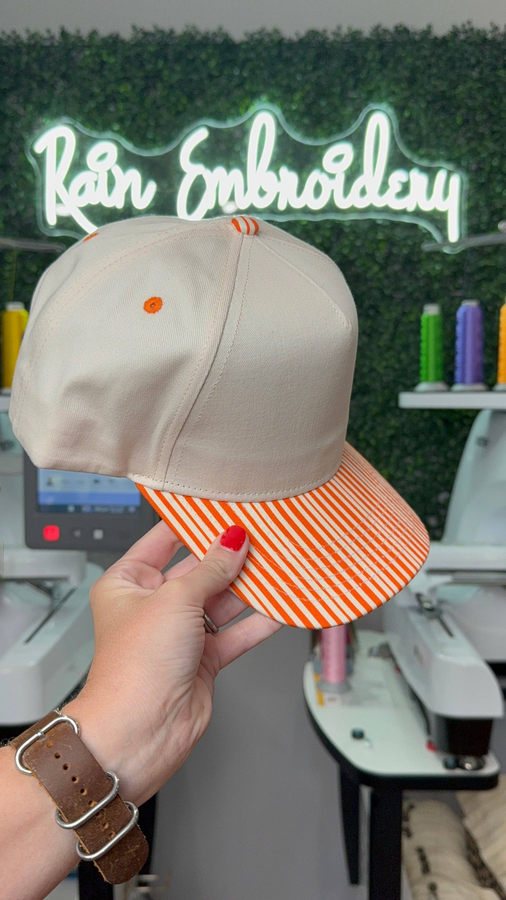 Rain Embroidery - Wholesale Trucker Hat - Unisex - Orange Stripes Trucker Hat (blank)1