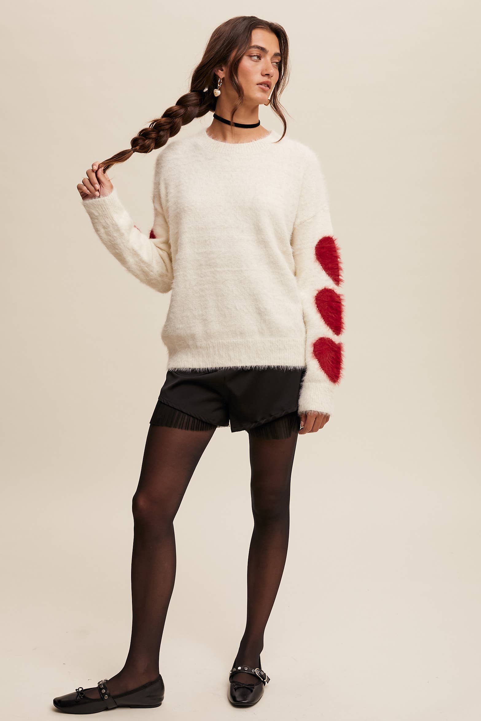 Listicle - Wholesale Knit Sweater - Women's - Fuzzy Heart-Sleeve Pullover Sweater LSW087232
