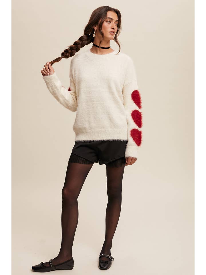 Listicle - Wholesale Knit Sweater - Women's - Fuzzy Heart-Sleeve Pullover Sweater LSW087232