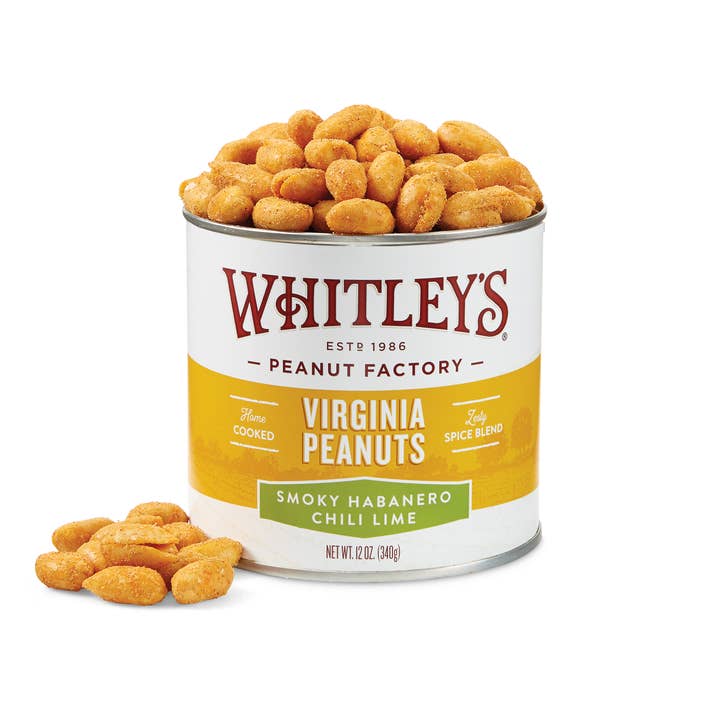 12 oz. Tins Smoky Habanero Chili Lime Virginia Peanuts for wholesale by Whitley's Peanut Factory