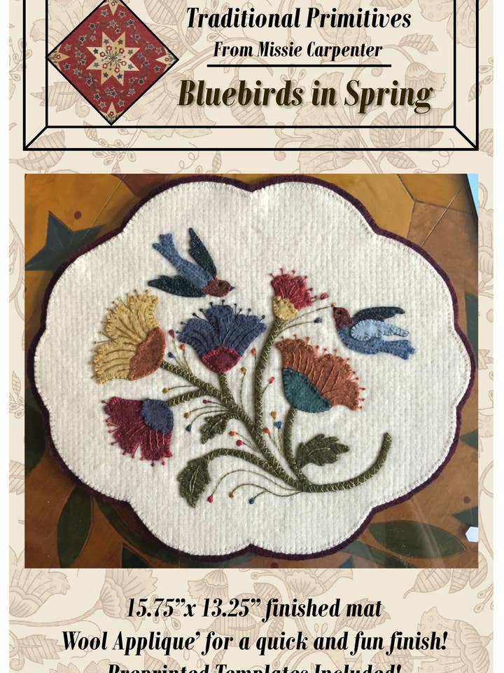 Patrón de apliques de pájaros azules en lana primaveral para venta al por mayor de Traditional Primitives