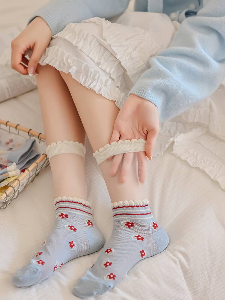 Sheer socks with red flowers 🌺 for wholesale by Marc JoJo