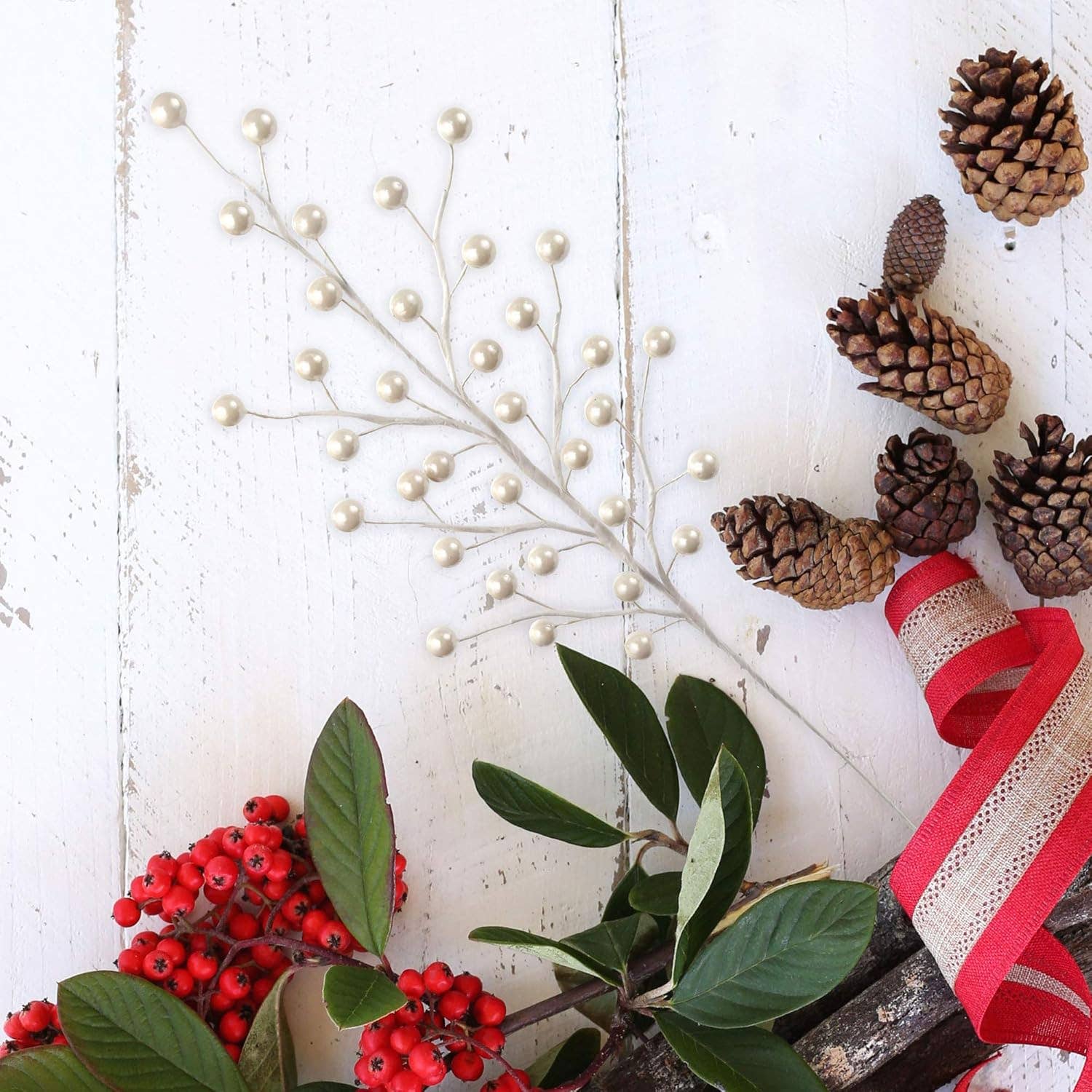 Larksilk - Wholesale Christmas Decoration - 24-Pack Pearl White Christmas Holly Berry Stems, 35 Berries4