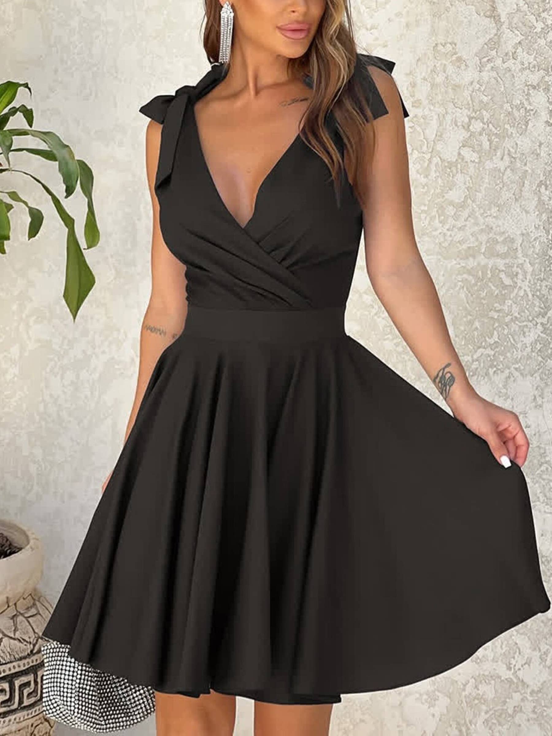 Wholesalesir - Wholesale Dress - Women's - Solid V-neck High Waisted Dress1