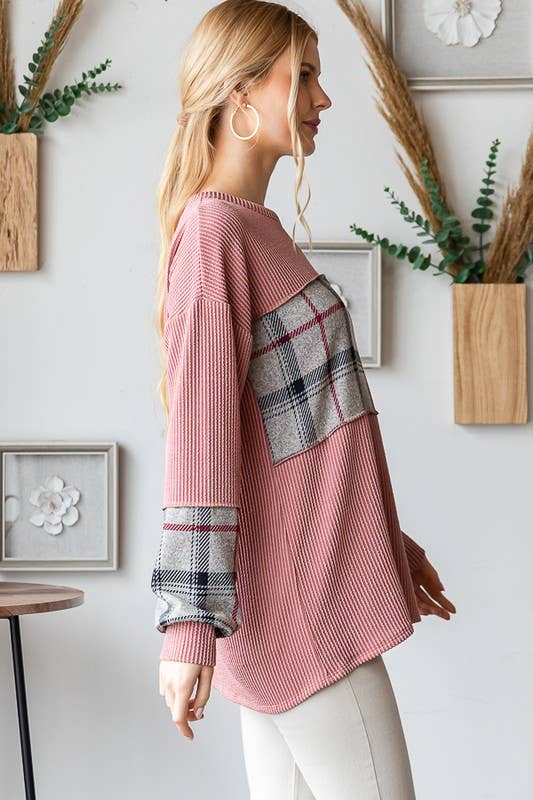 HEIMISH - Vente Haut en maille – femme - HAUT URBAIN CÔTELÉ ET À CARREAUX À MANCHES LONGUES ET7383-136