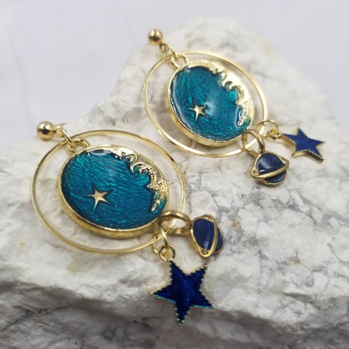 Blue Celestial Stars And Moon Earrings for wholesale by The Pretty Jewellery