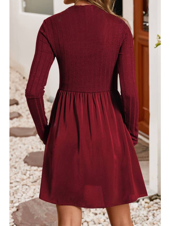 Red Dahlia LDC Frilled Ribbed Knit Patchwork Long Sleeve Mini Dress for wholesale on Faire1