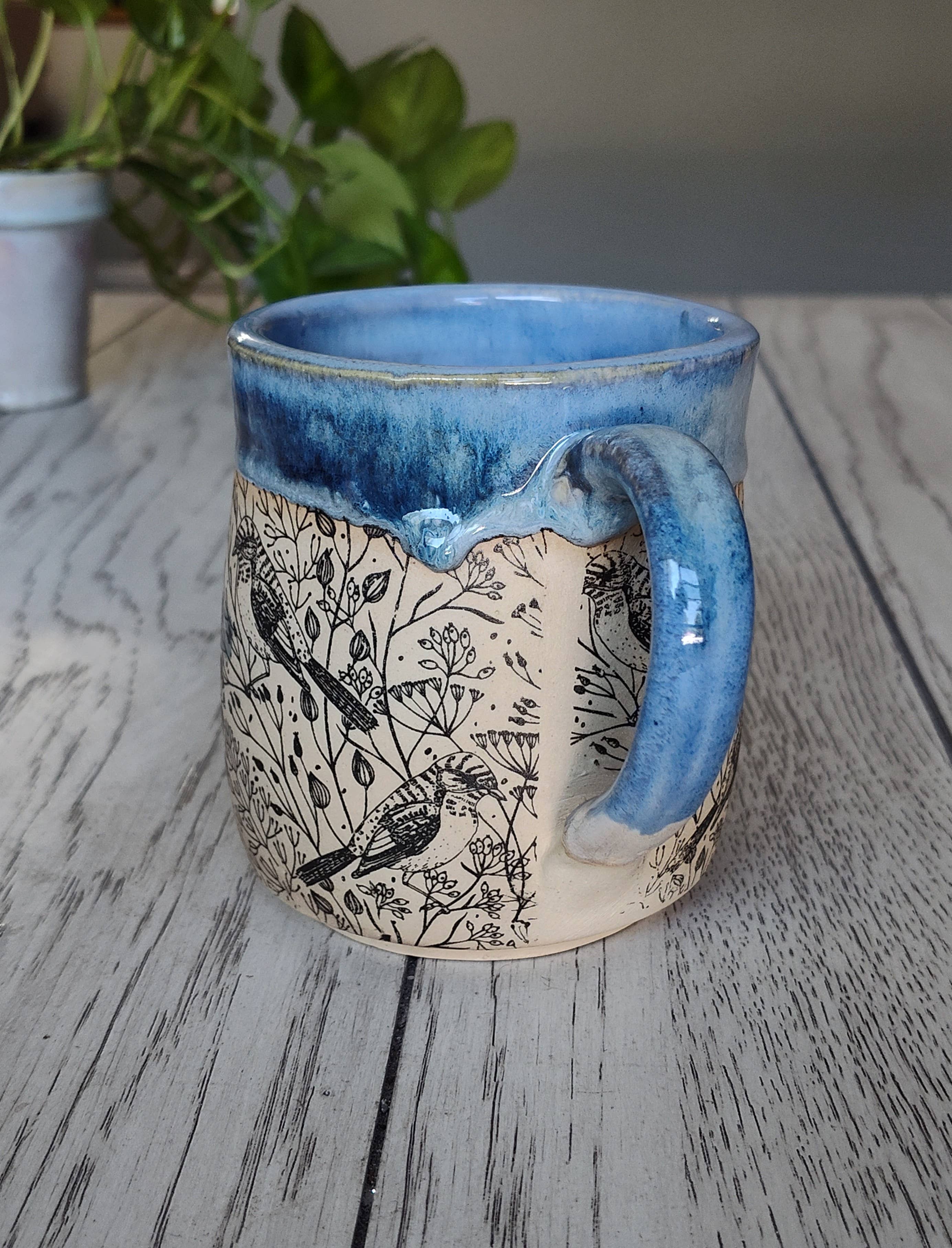 Rise and Design Art Studio - Wholesale Coffee Mug - Floral Bird Mug Blue Cream Accents (12–16 oz)2