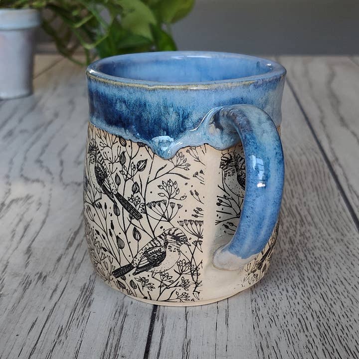 Rise and Design Art Studio - Wholesale Coffee Mug - Floral Bird Mug Blue Cream Accents (12–16 oz)2