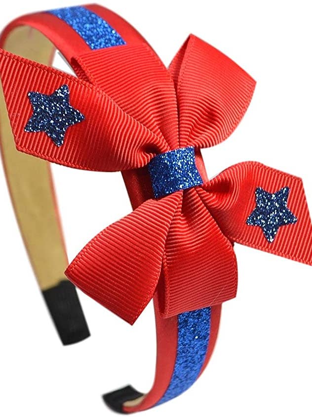 4 luglio Shooting Stars Sparkling Glitter Girls - Cerchietto con arco patriottico per la vendita all'ingrosso da parte di Funny Girl Designs