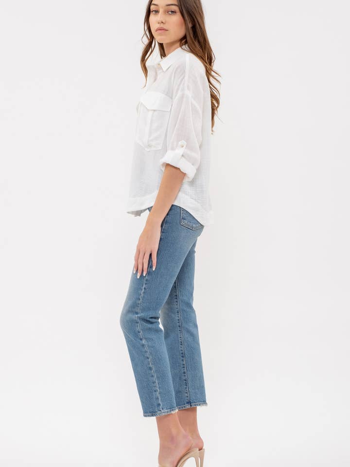 Blu Pepper - Wholesale Blouse - Women's - LIGHTWEIGHT COLLARED BUTTON DOWN 3/4 SLEEVE SHIRT