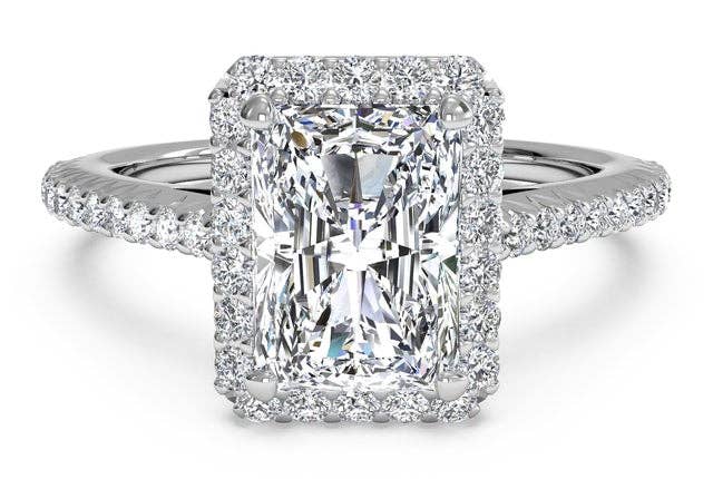 Amy and Annette - Wholesale Engagement Ring - Halo Engagement Ring with Simulated Diamond in 18K White Gold0