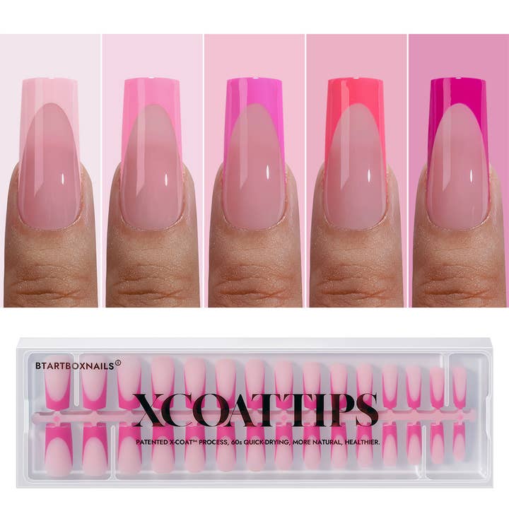 XCOATTIPS Pink French Fake Nails - Long Square Soft Gel Tips for wholesale by BTArtboxnails