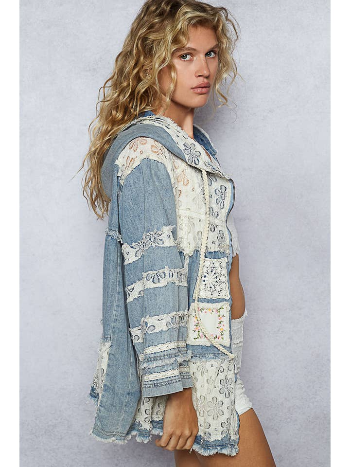 DENIM Embroidered woven crochet patch zipper jacket for wholesale on Faire