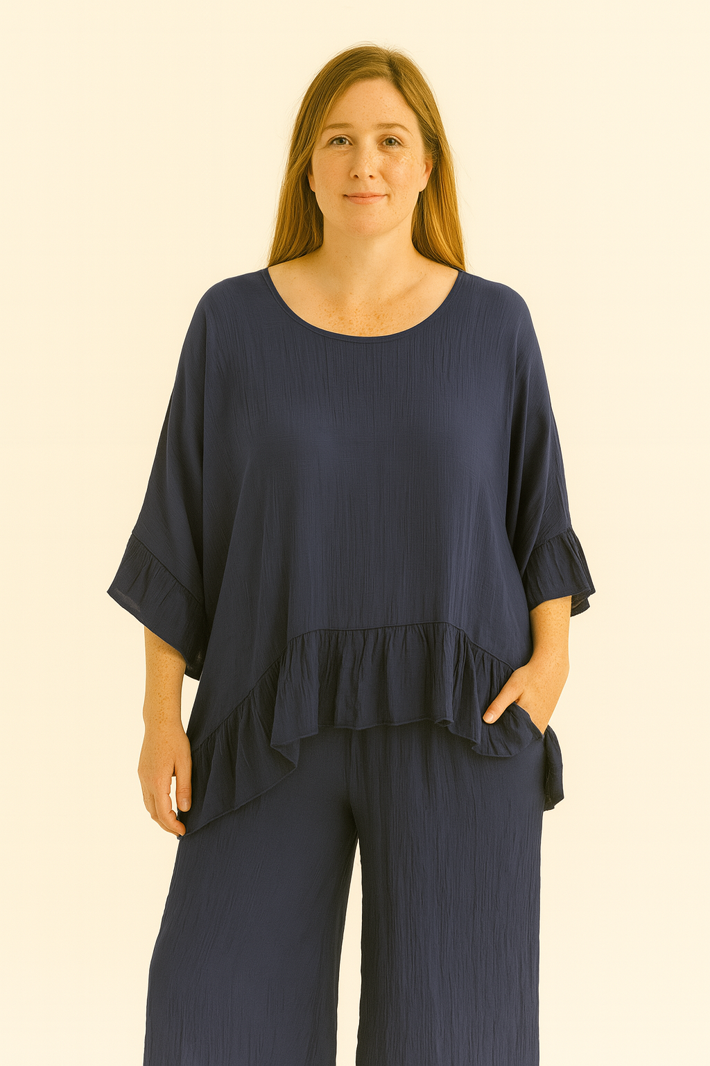 Lucy Sparks – Conjunto de top e calça (roupa NÃO Casual) - Mulher por atacado – CONJUNTO PLUS SIZE DE TOP E CALÇAS COM BAINHA FRANZIDA3