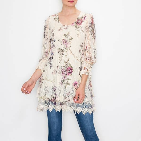 Graceful Long Sleeve Lace Tunic Top With Embroidery Hem - 4507BG/CH FL for wholesale by Origami Apparel ~ Lace and Crochet inspired