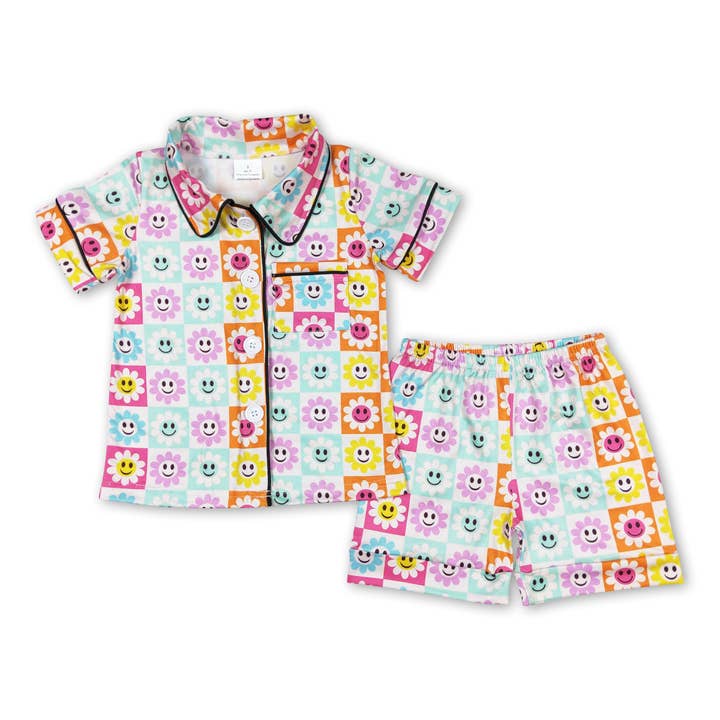 Colorful smile flower girls button down summer pajamas for wholesale by Yawoo Garments