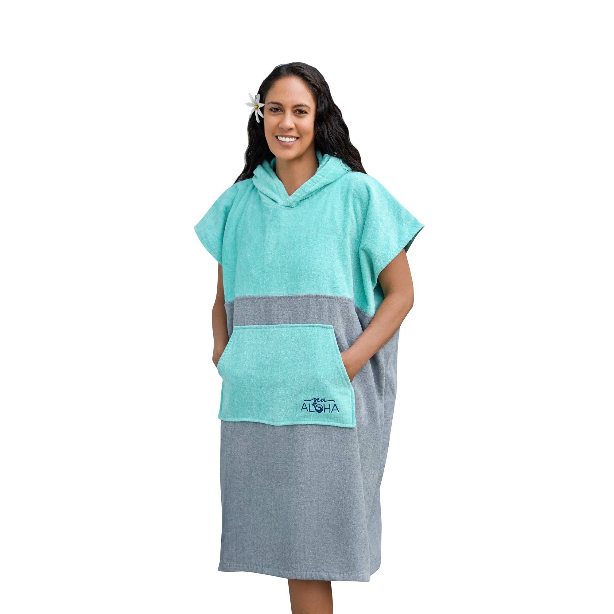REMOVED BRAND - Wholesale Poncho - Unisex - Terry Velour Surf Poncho (Turquoise/Gray)0