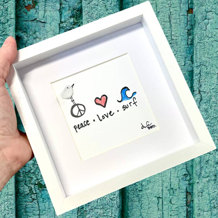 Peace Love Surf MINI - Sea Glass Art - 6x6 Framed for wholesale by Back Bay Designs