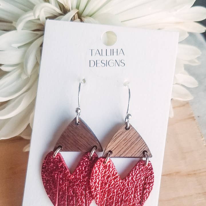 Talliha Designs - Wholesale Dangle Earrings - Red Metallic Stella Genuine Leather & Wood Earrings