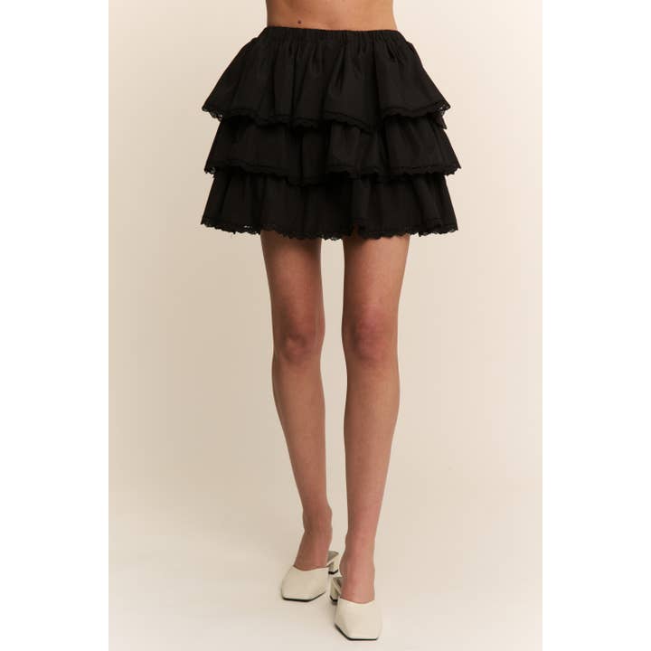 Black WESTERN SOLID MINI TIERED SHIRRING SKIRT SKORT for wholesale on Faire7